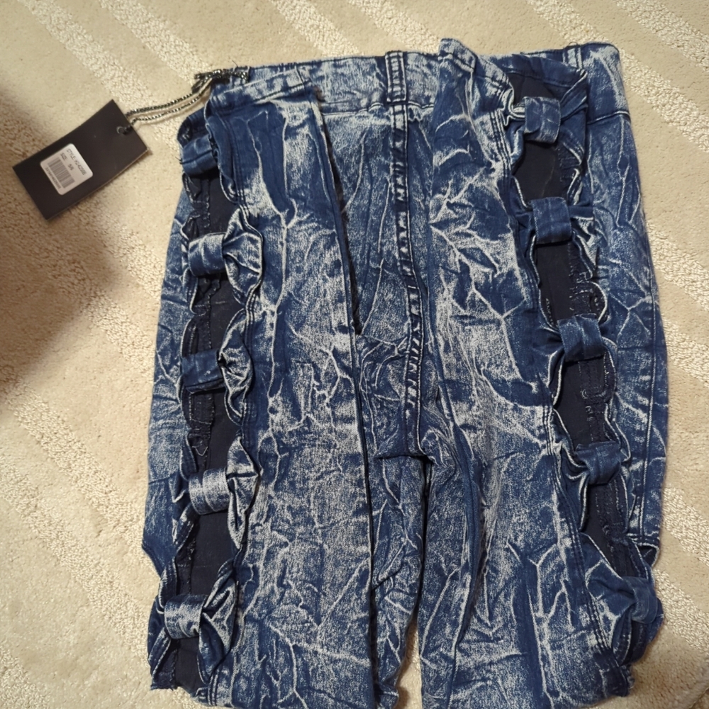 VIP NWT New York Acid Bleach Paint Splatter Jeans Denim Blue/White 5/6 Tied Legs - Picture 9 of 15
